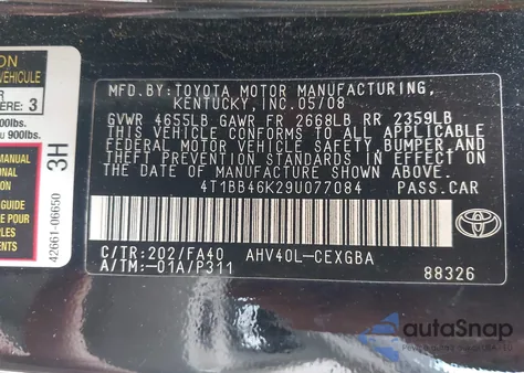 2009 Toyota Camry из США, поврежденный, VIN 4T1BB46K29U077084